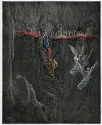 Purgatorio, Gesang 25: Virgil und Dante steigen durch Flammen in den siebten Kreis auf, Illustration aus Die Göttliche Komödie von Dante Alighieri, 1885 (digital kolorierte Gravur)